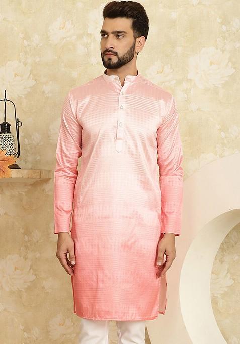 Pink Ethnic Motifs Jacquard Kurta For Men