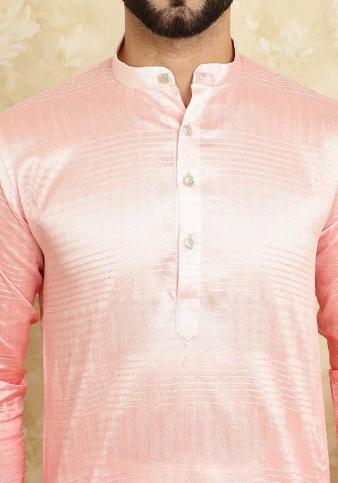 Pink Ethnic Motifs Jacquard Kurta For Men