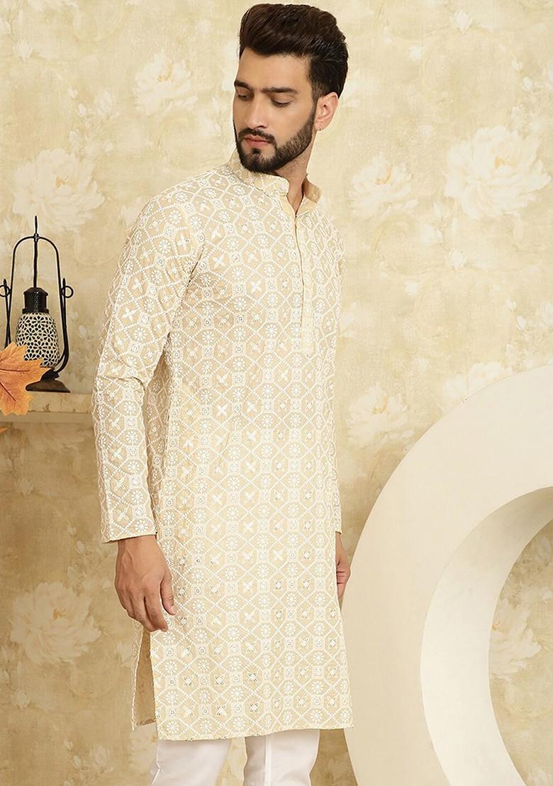 Beige Embroidered Cotton Kurta For Men