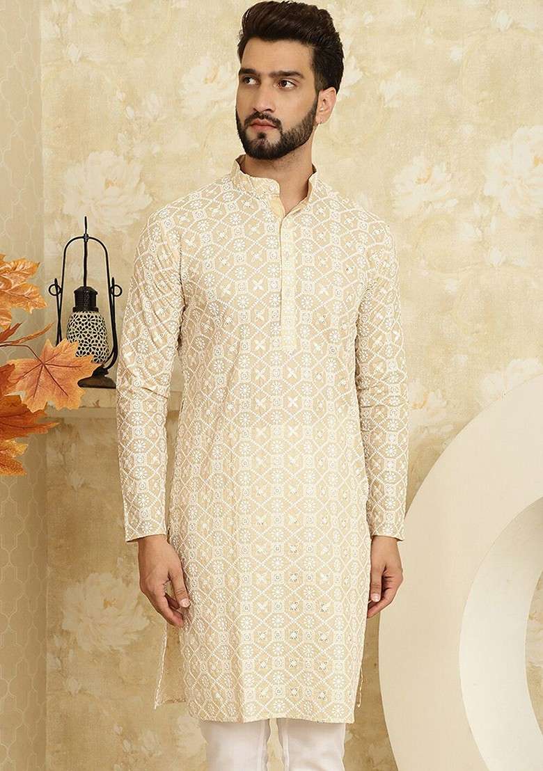 Beige Embroidered Cotton Kurta For Men - Indya