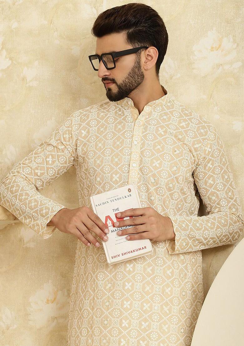 Beige Embroidered Cotton Kurta For Men