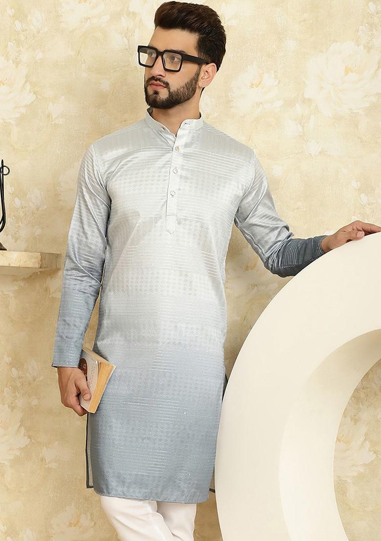 Grey Woven Poly Blend Kurta For Men