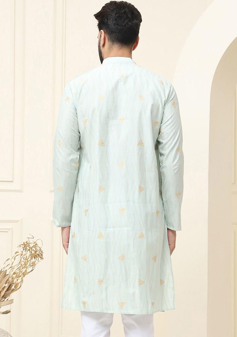 Green Woven Cotton Kurta For Men