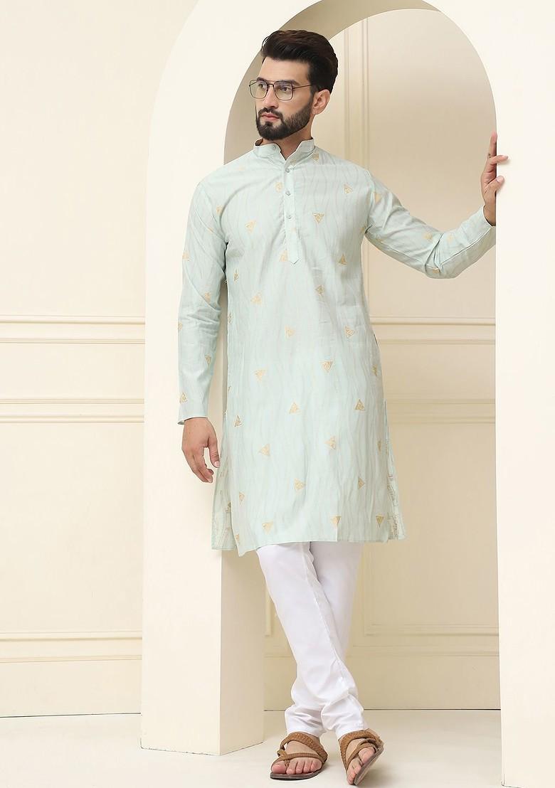 Green Woven Cotton Kurta For Men