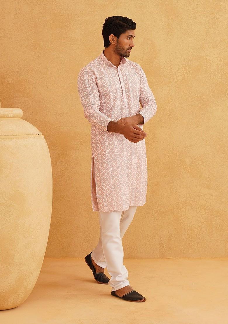 Pink Embroidered Cotton Kurta For Men