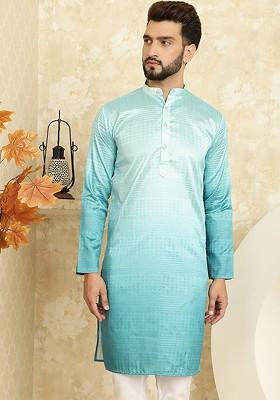 Sea Green Solid Cotton Kurta For Men
