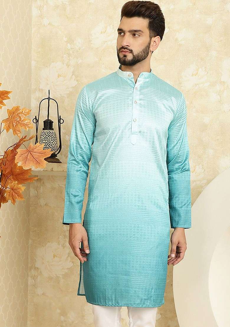 Sea Green Solid Cotton Kurta For Men - Indya