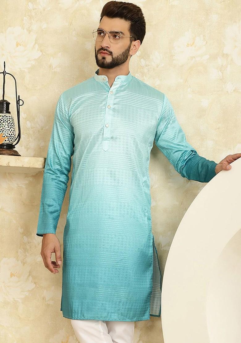 Sea Green Solid Cotton Kurta For Men