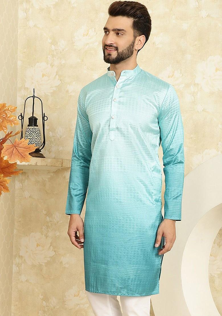 Sea Green Solid Cotton Kurta For Men