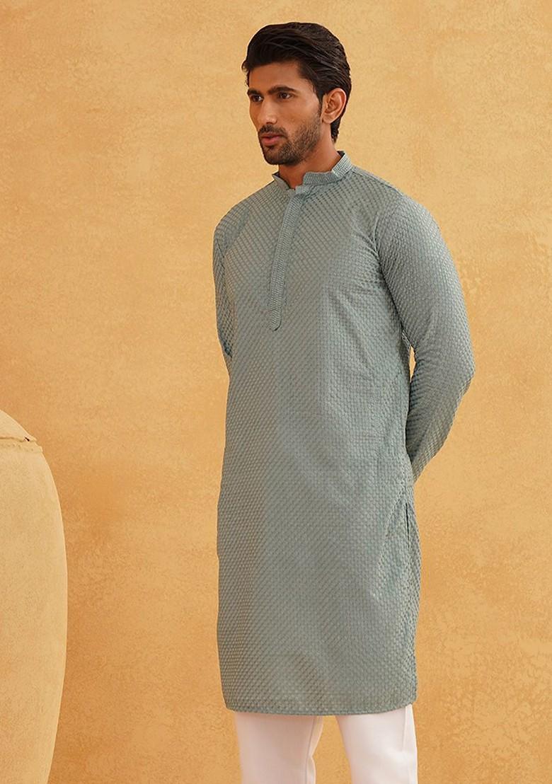 Sea Green Embroidered Cotton Kurta For Men