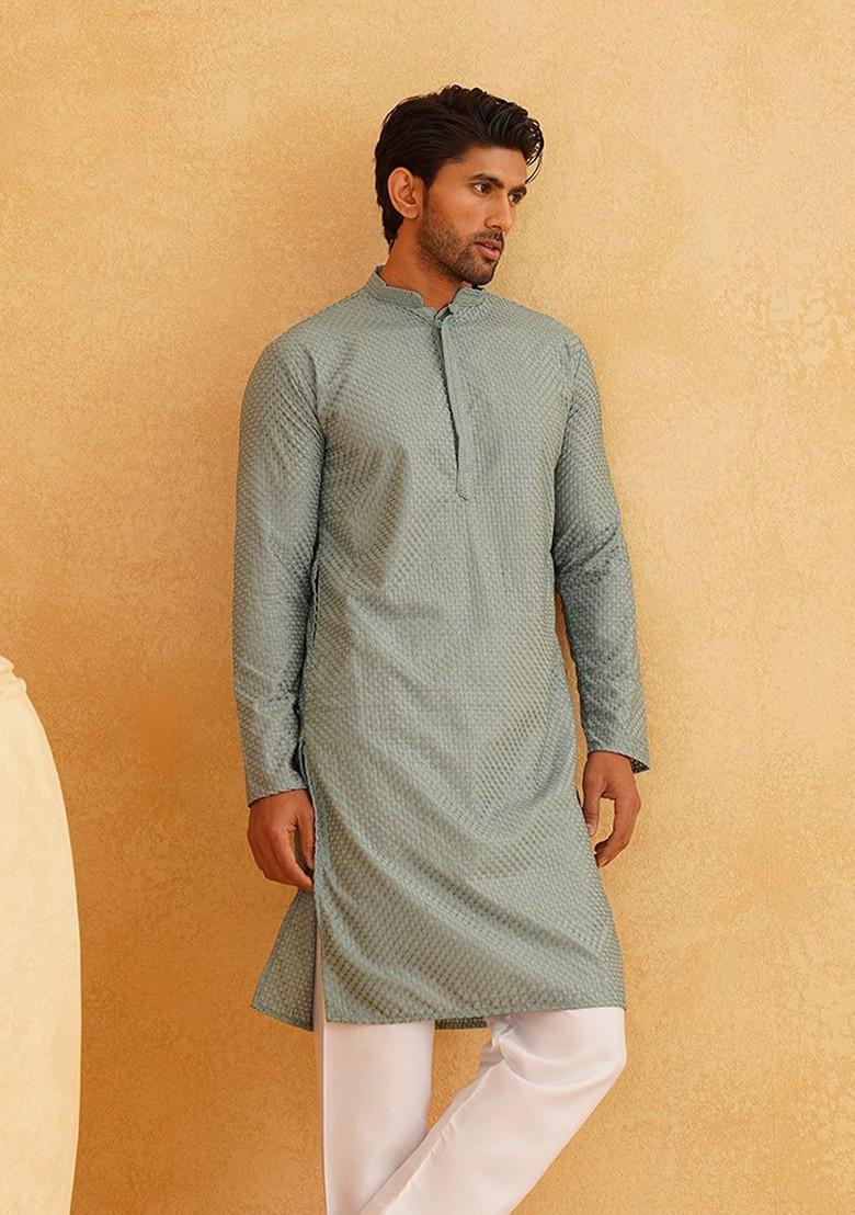 Sea Green Embroidered Cotton Kurta For Men