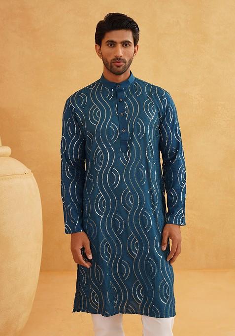 Teal Blue Embellished Cotton Kurta For Men