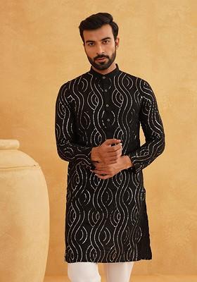 Black Embellished Cotton Kurta For Men