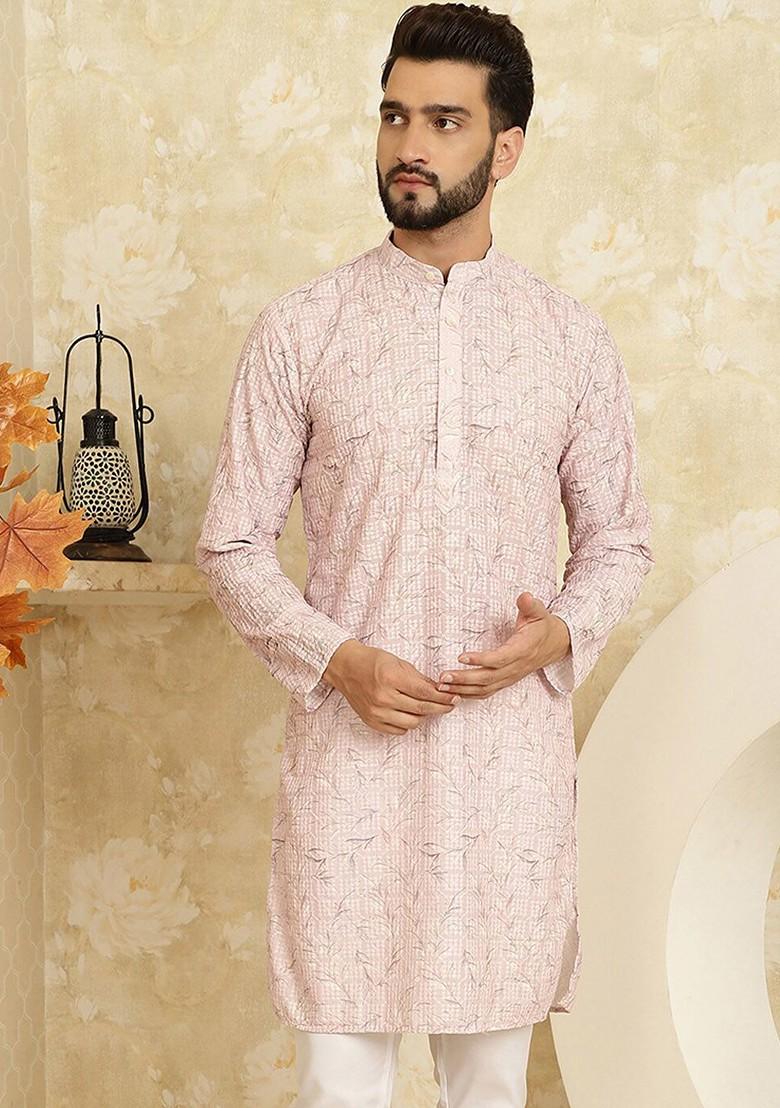 Pink Thread Work Cotton Kurta For Men