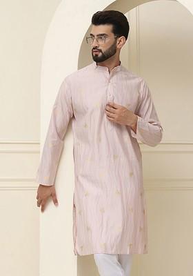 Peach Printed Poly Blend Kurta For Men