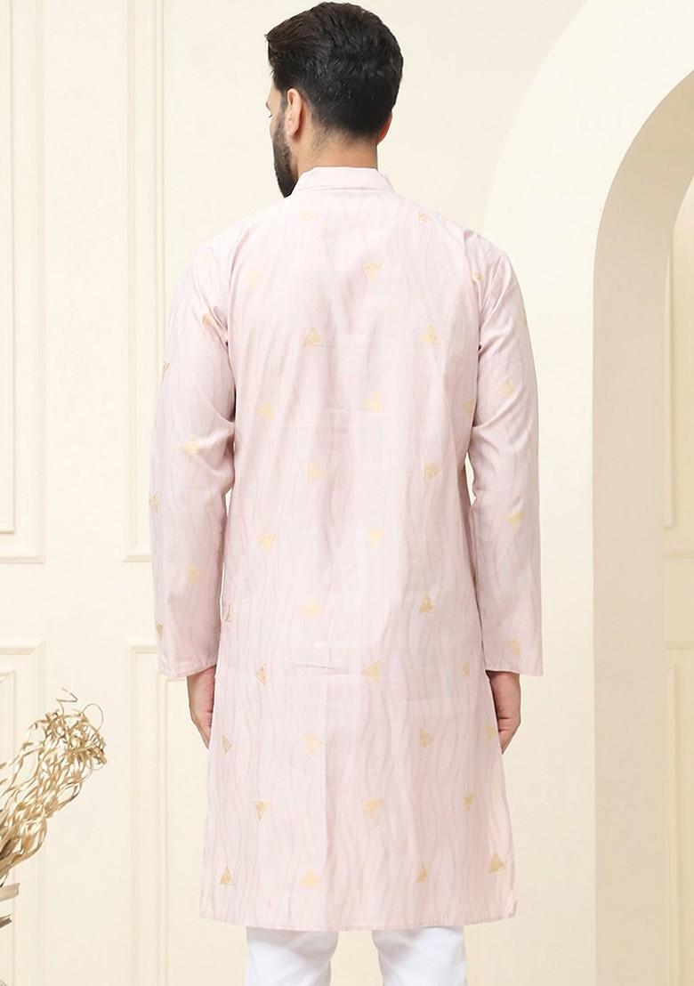 Peach Printed Poly Blend Kurta For Men
