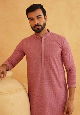 Coral Pink Sequin Embroidered Cotton Kurta For Men