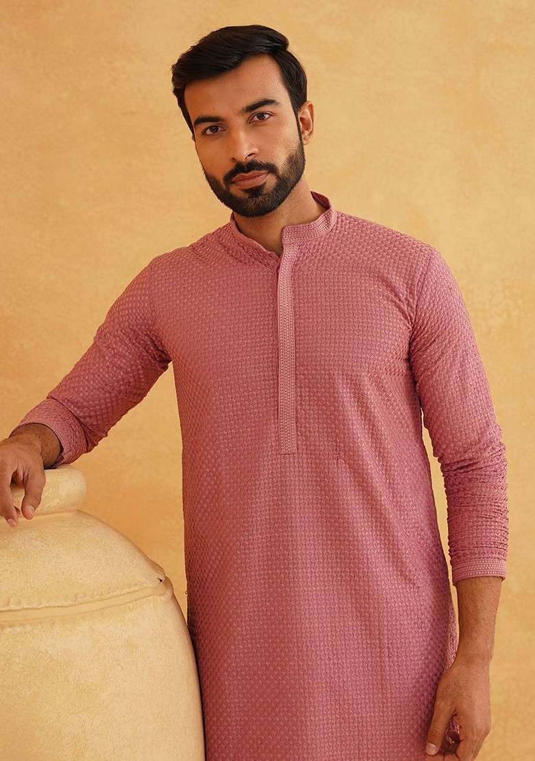 Coral Pink Sequin Embroidered Cotton Kurta For Men - Indya