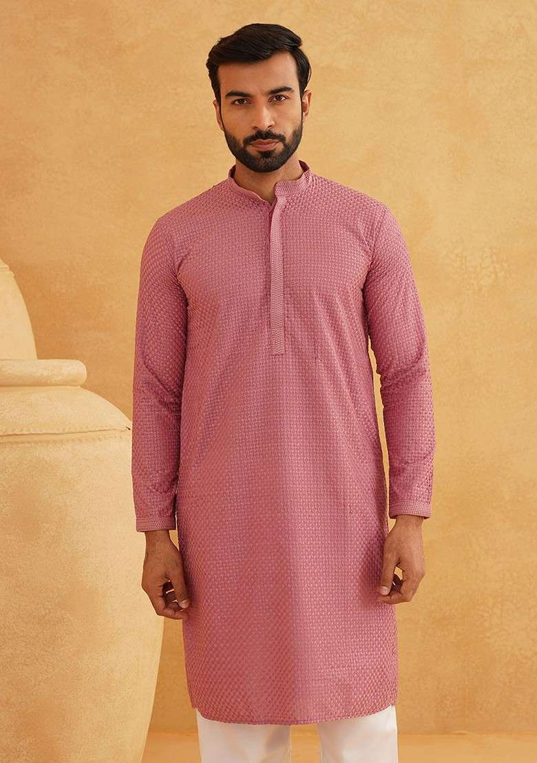 Coral Pink Sequin Embroidered Cotton Kurta For Men - Indya