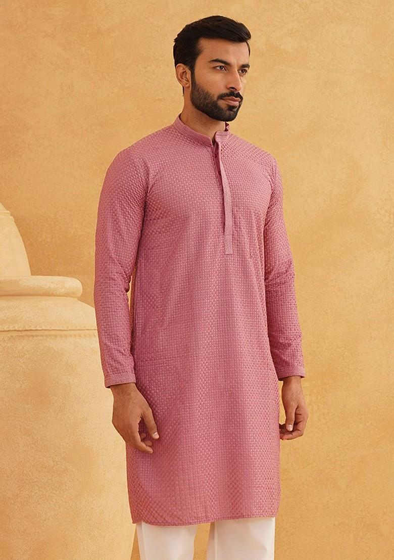 Coral Pink Sequin Embroidered Cotton Kurta For Men