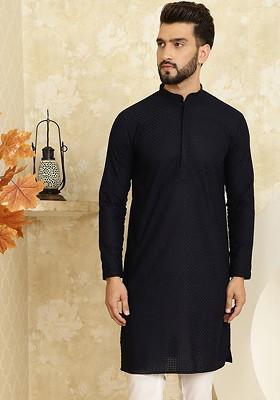 Navy Blue Checked Cotton Kurta For Men