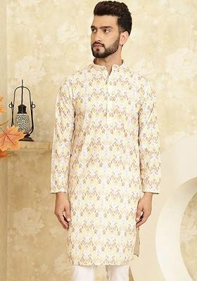 Yellow Thread Work Cotton Kurta For Men