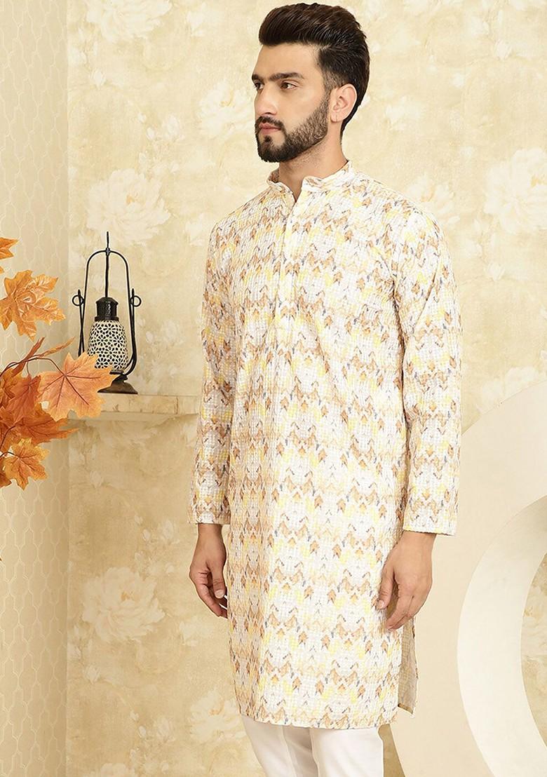 Yellow Thread Work Cotton Kurta For Men