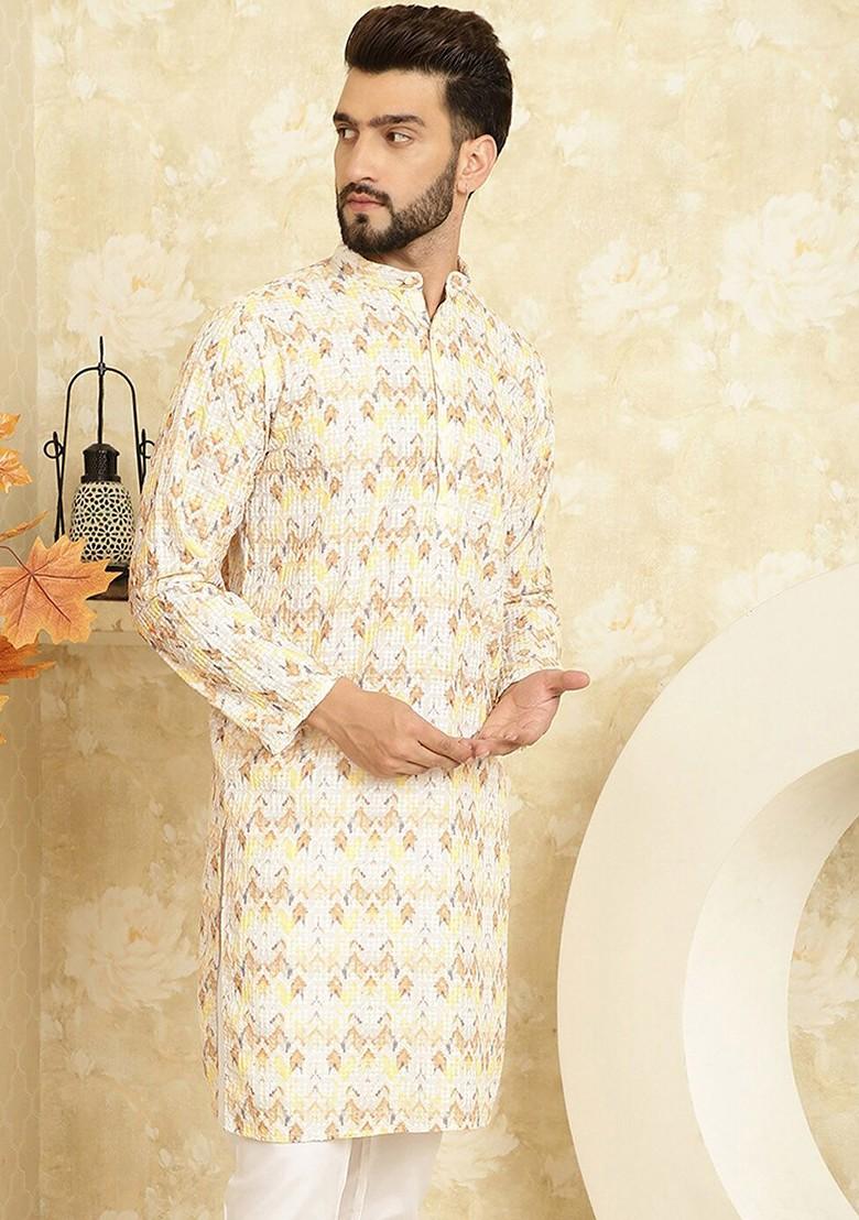 Yellow Thread Work Cotton Kurta For Men