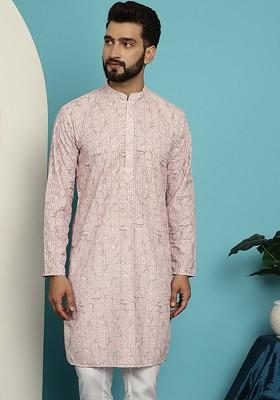 Pink Geometric Print Cotton Kurta For Men