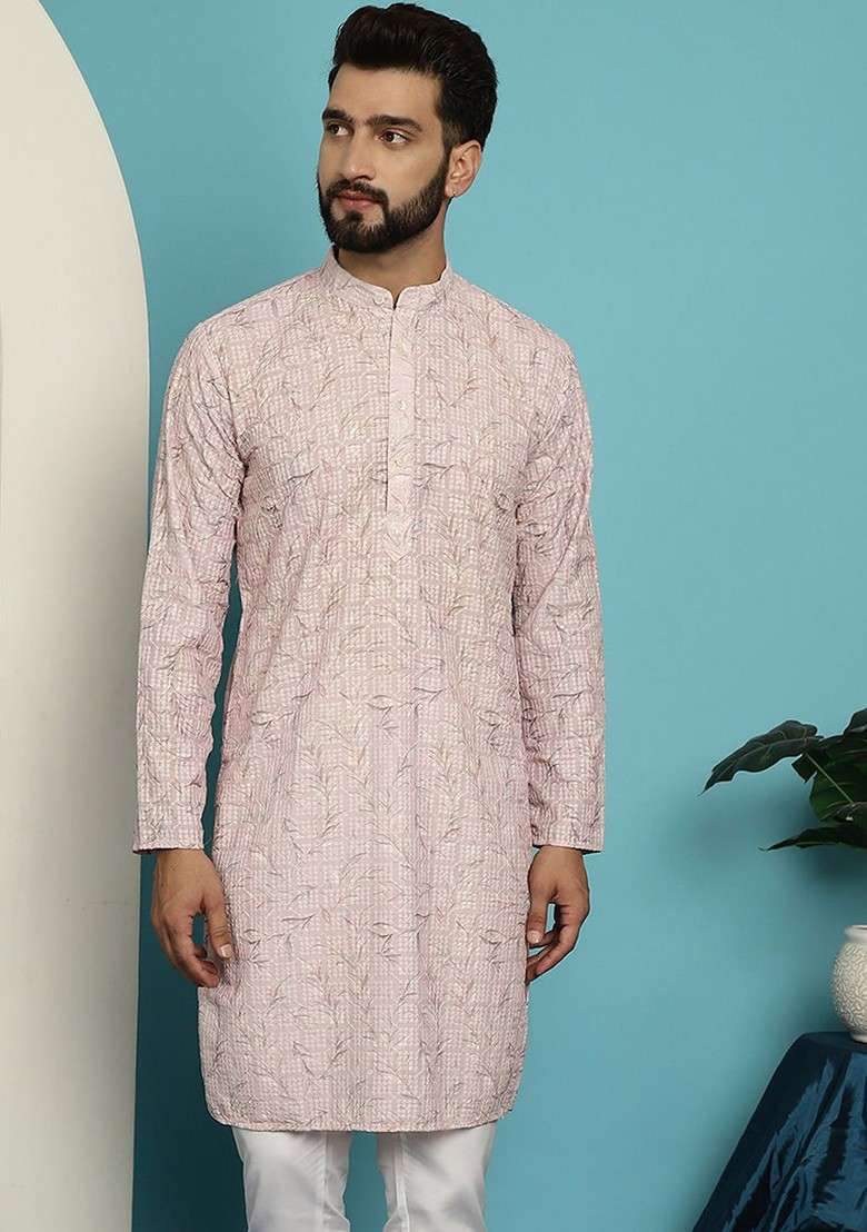 Pink Geometric Print Cotton Kurta For Men - Indya