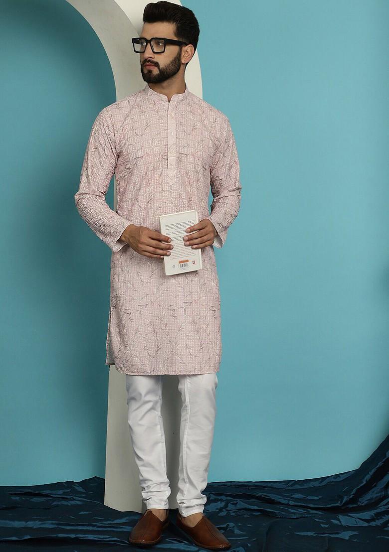 Pink Geometric Print Cotton Kurta For Men