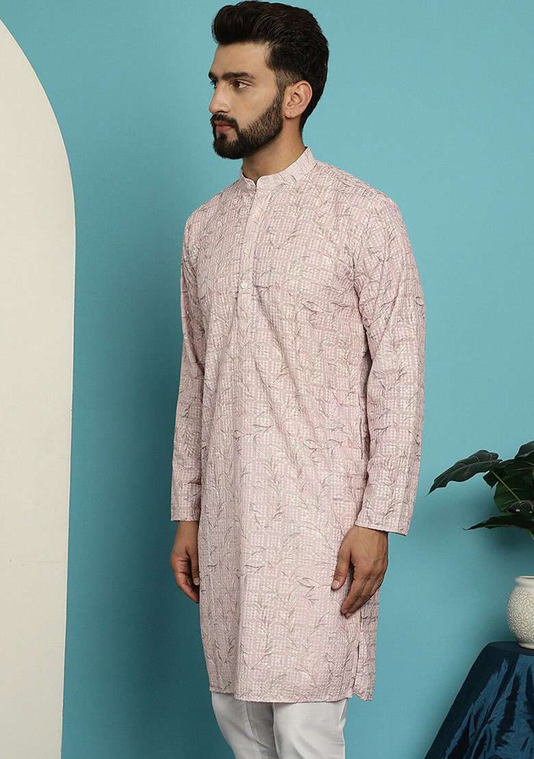Pink Geometric Print Cotton Kurta For Men - Indya