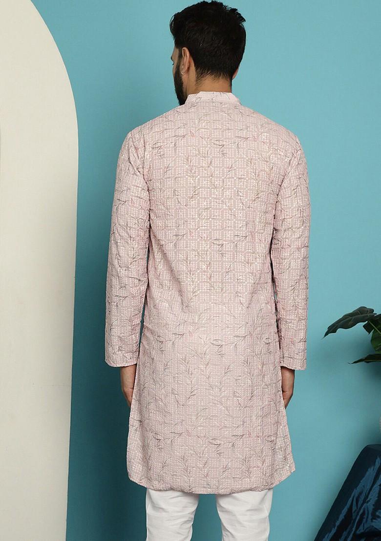 Pink Geometric Print Cotton Kurta For Men