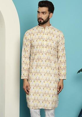 Yellow Geometric Print Cotton Kurta For Men