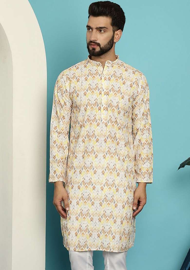 Yellow Geometric Print Cotton Kurta For Men - Indya