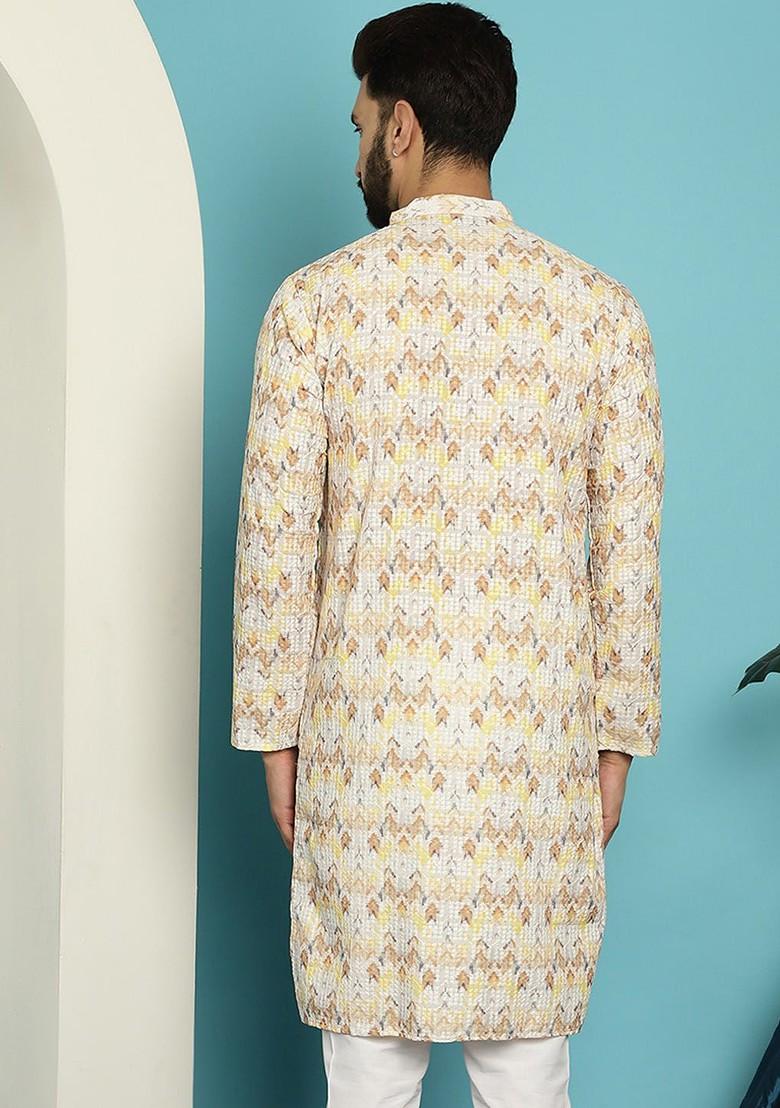 Yellow Geometric Print Cotton Kurta For Men