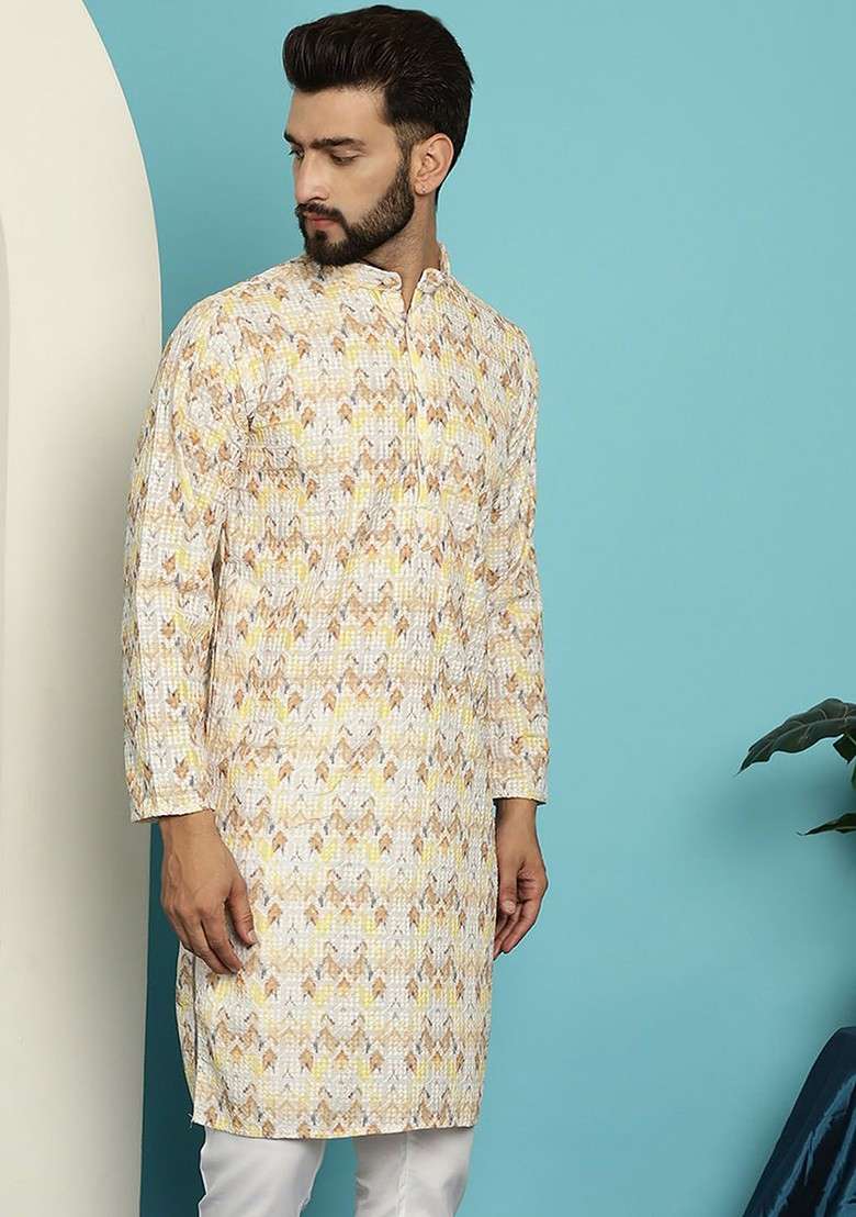 Yellow Geometric Print Cotton Kurta For Men - Indya