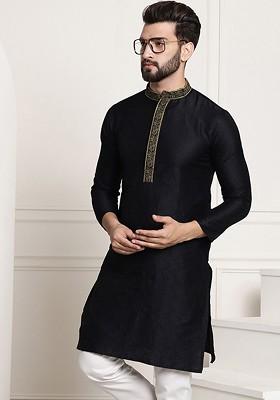 Black Thread Work Poly Blend Kurta For Men
