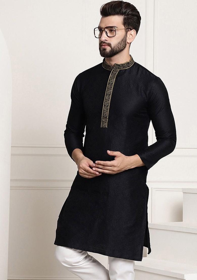 Black Thread Work Poly Blend Kurta For Men