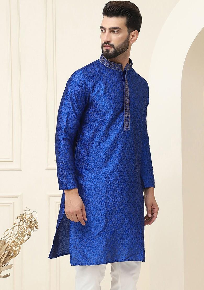 Blue Thread Work Poly Blend Kurta For Men
