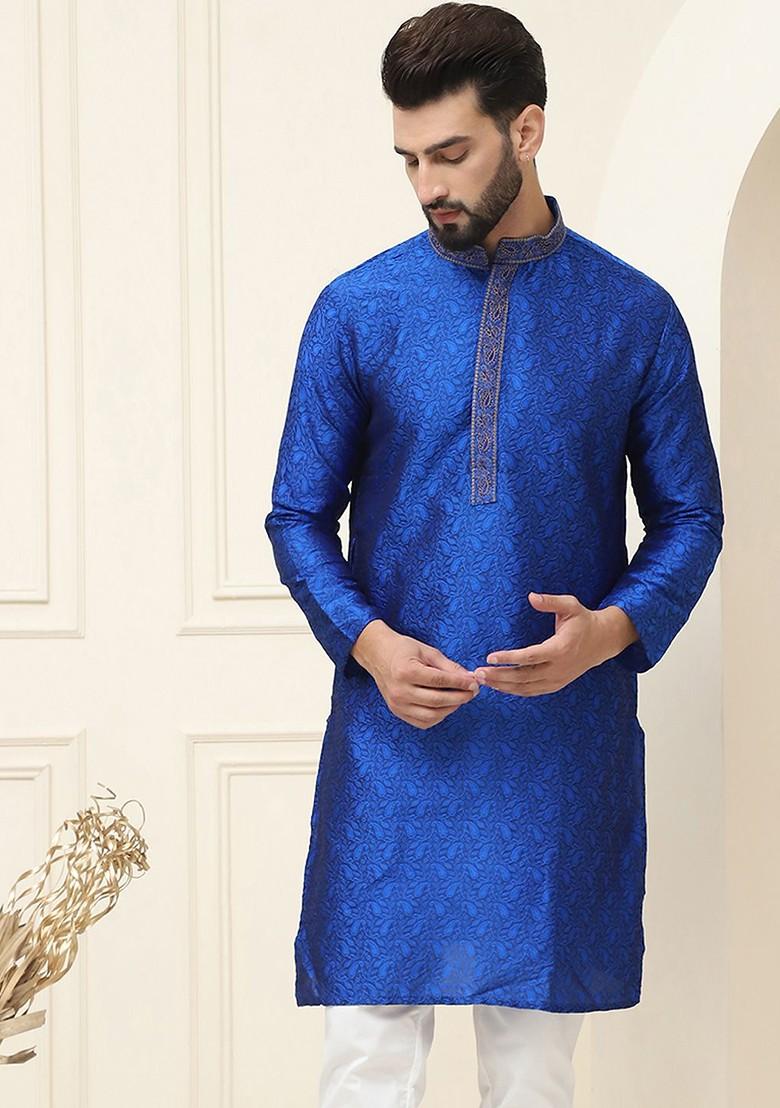 Blue Thread Work Poly Blend Kurta For Men