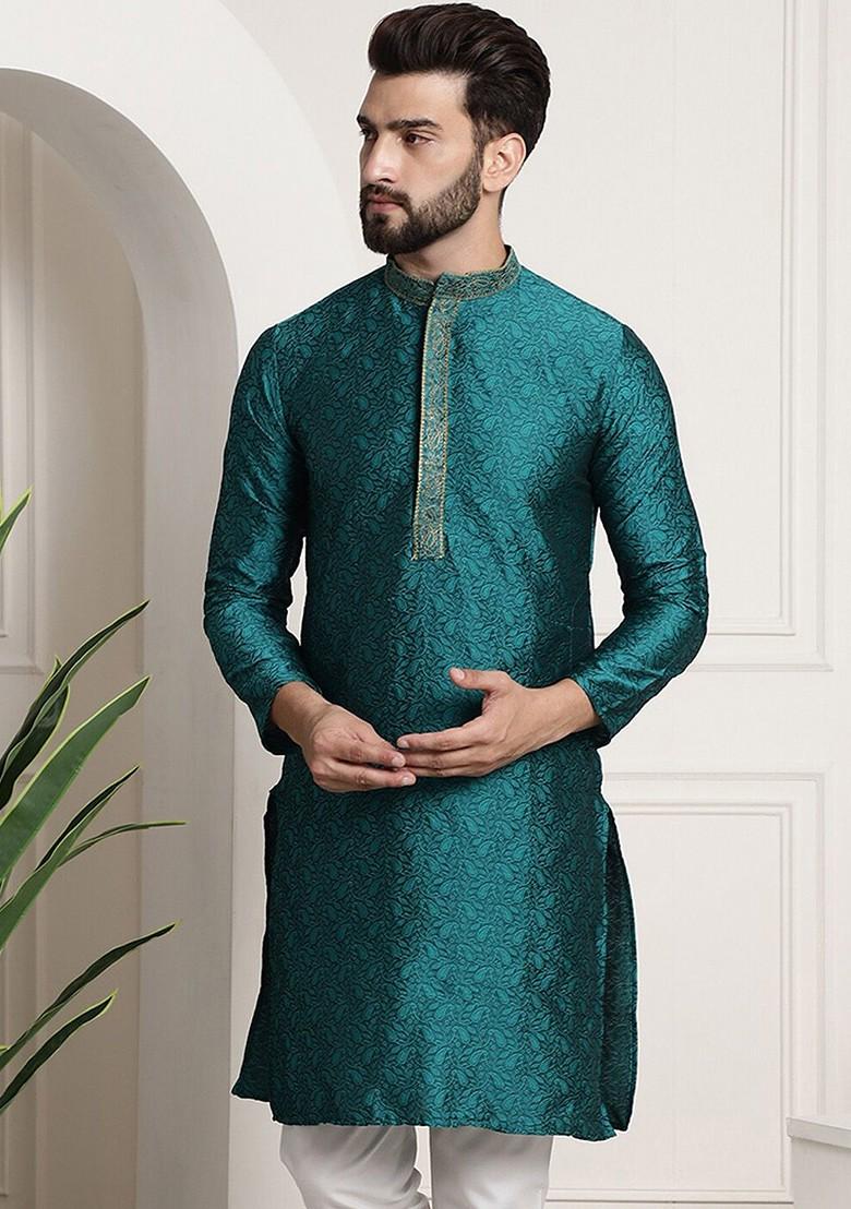 Teal Blue Woven Poly Blend Kurta For Men