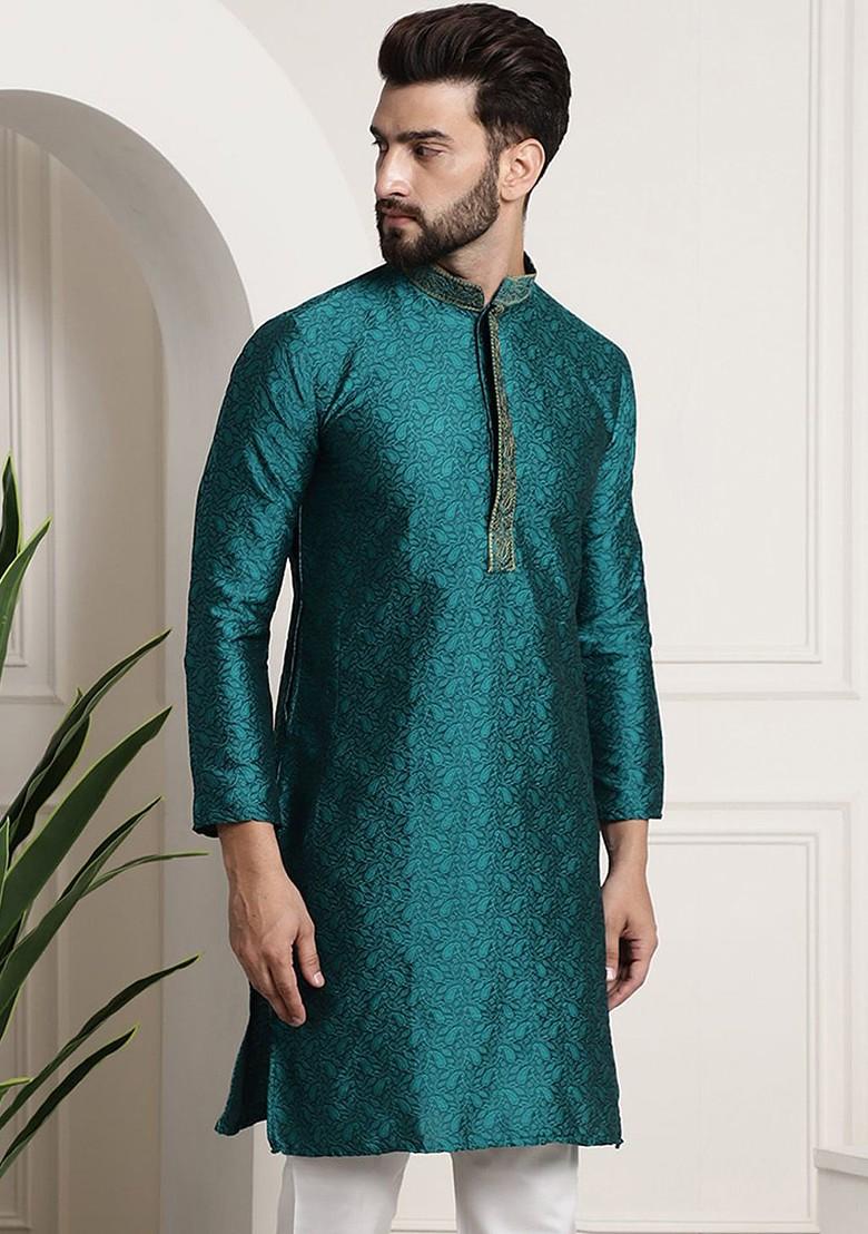 Teal Blue Woven Poly Blend Kurta For Men