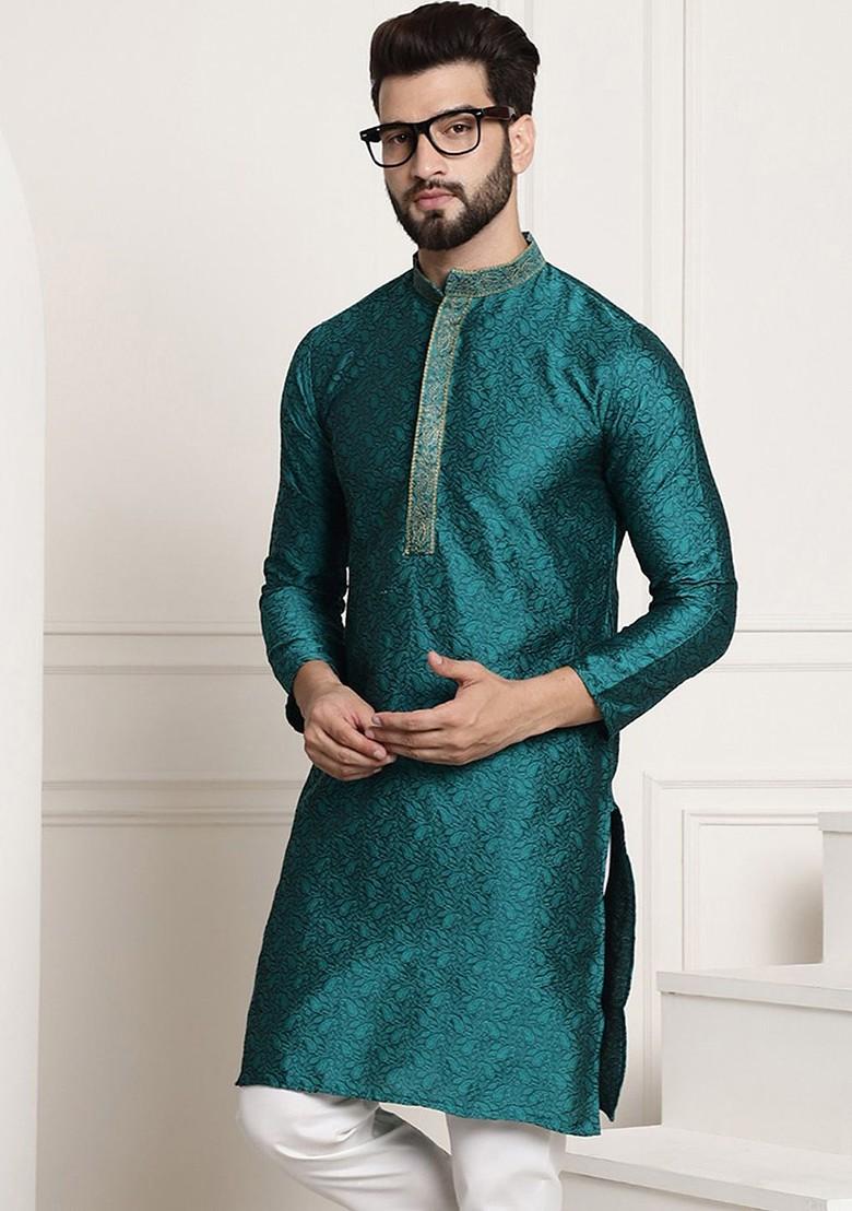 Teal Blue Woven Poly Blend Kurta For Men