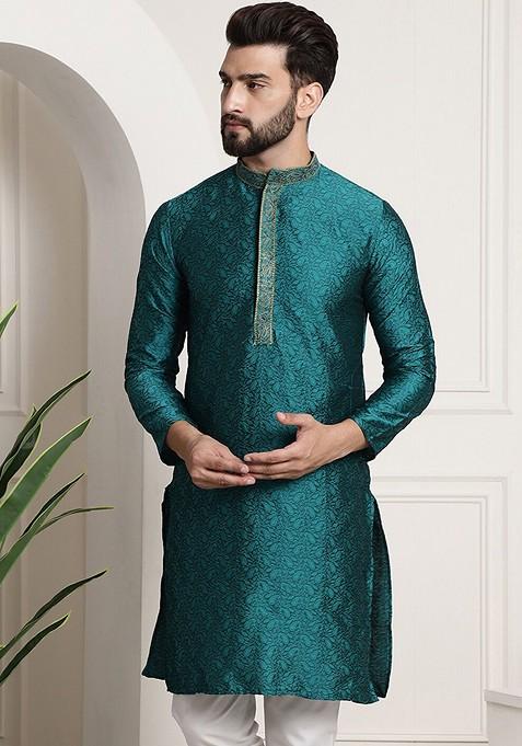 Teal Blue Woven Poly Blend Kurta For Men