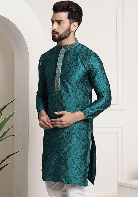 Teal Blue Woven Poly Blend Kurta For Men