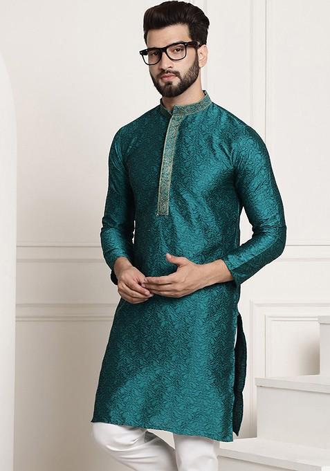 Teal Blue Woven Poly Blend Kurta For Men
