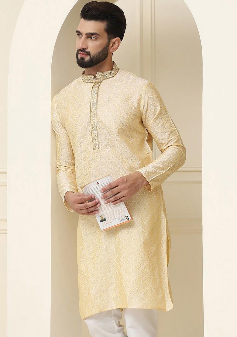 Gold Woven Poly Blend Kurta For Men