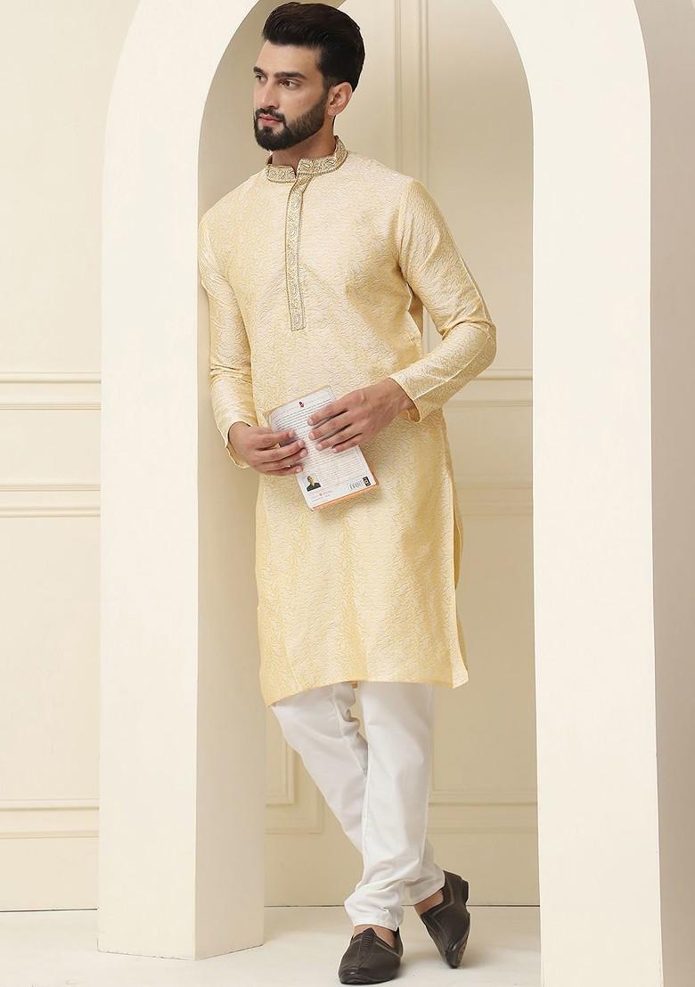 Gold Woven Poly Blend Kurta For Men