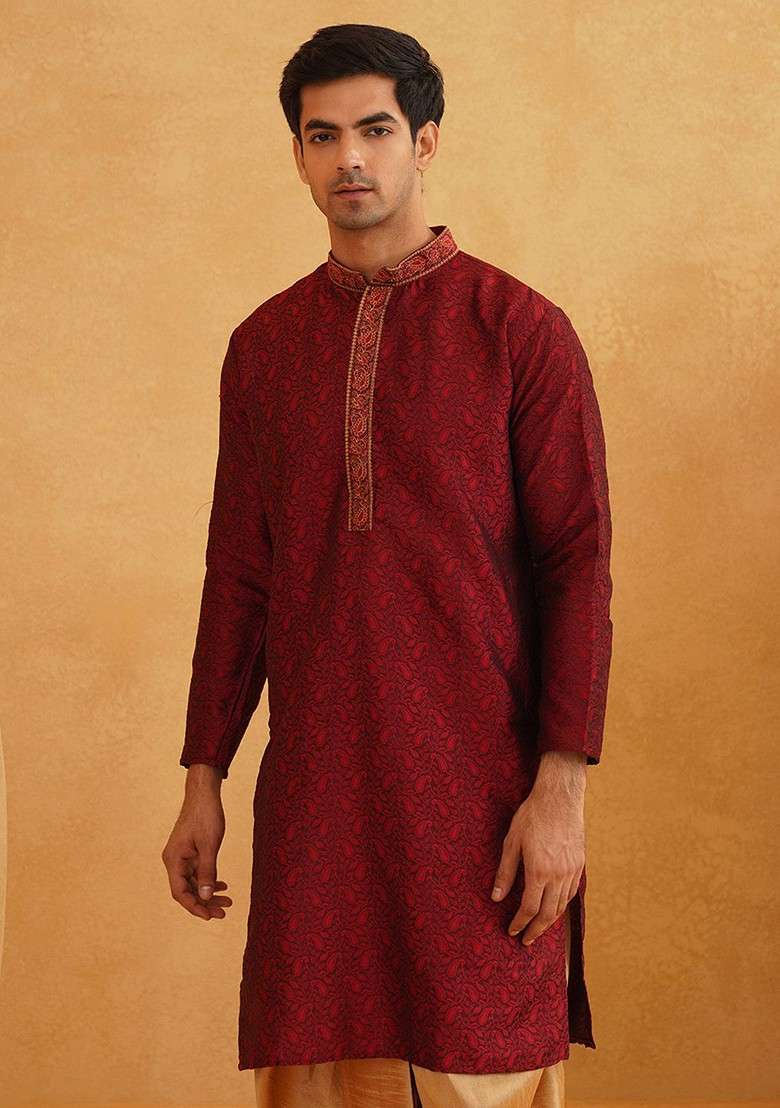 Maroon Thread Work Poly Blend Kurta For Men - Indya